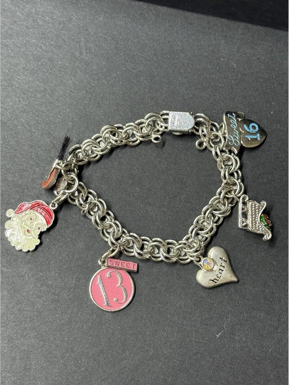 Vintage Sterling Silver Double Link Charm Bracelet Sweet 13 16 Santa 33.2g